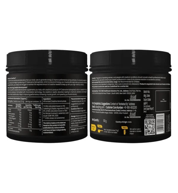TATA 1MG Creatine Monohydrate | 100% Pure, Micronized | No Additives, No Preservatives | Zero Calories | Boosts Strength, Power & Recovery | Fast Absorption | Unflavoured,100gm